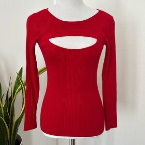 I.N.C. International Concepts Red Ribbed Cutout Long Sleeve Top Size XS